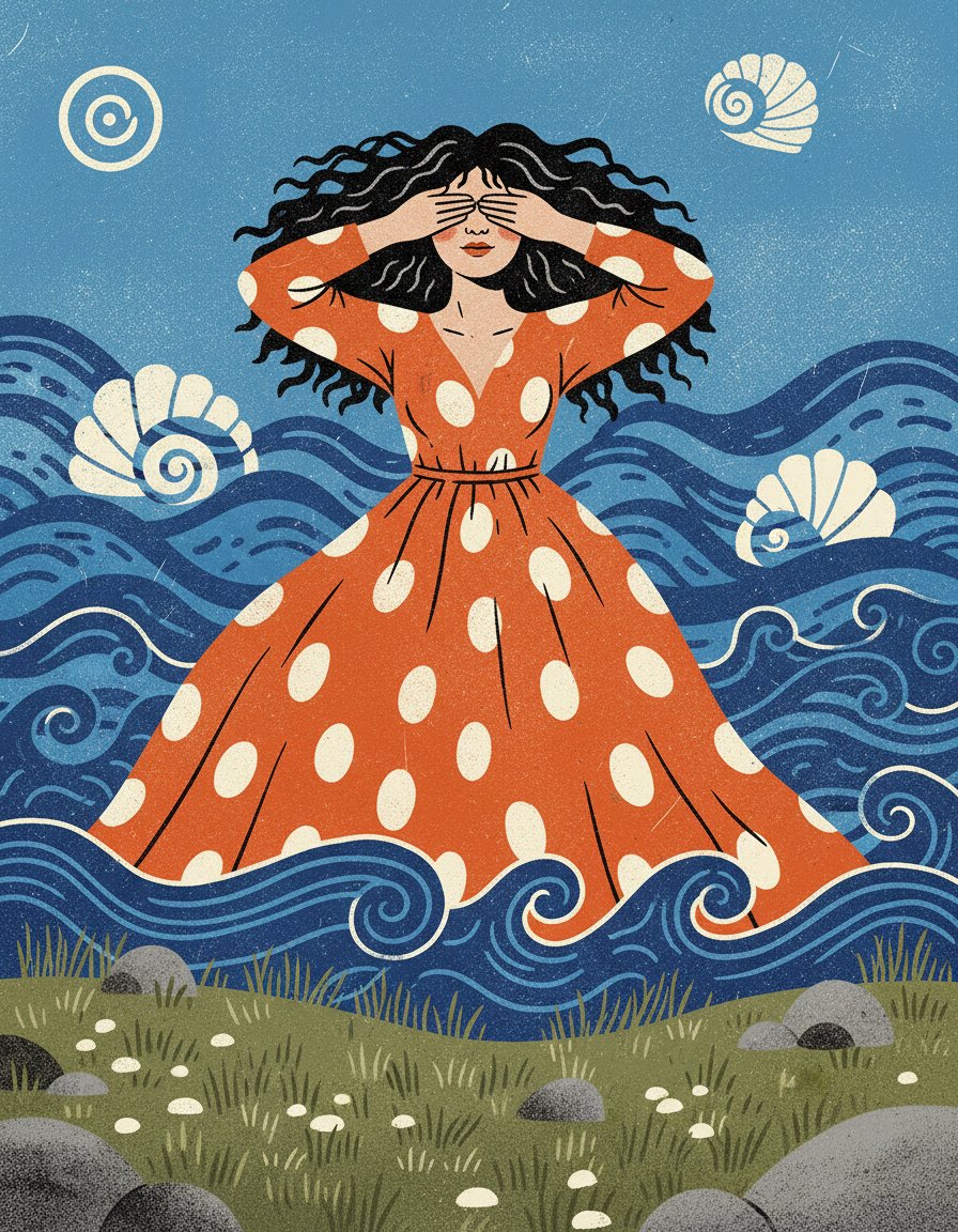 Turuncu Benekli Elbiseli Kadının Deniz İllüstrasyonu Prompt Görseli