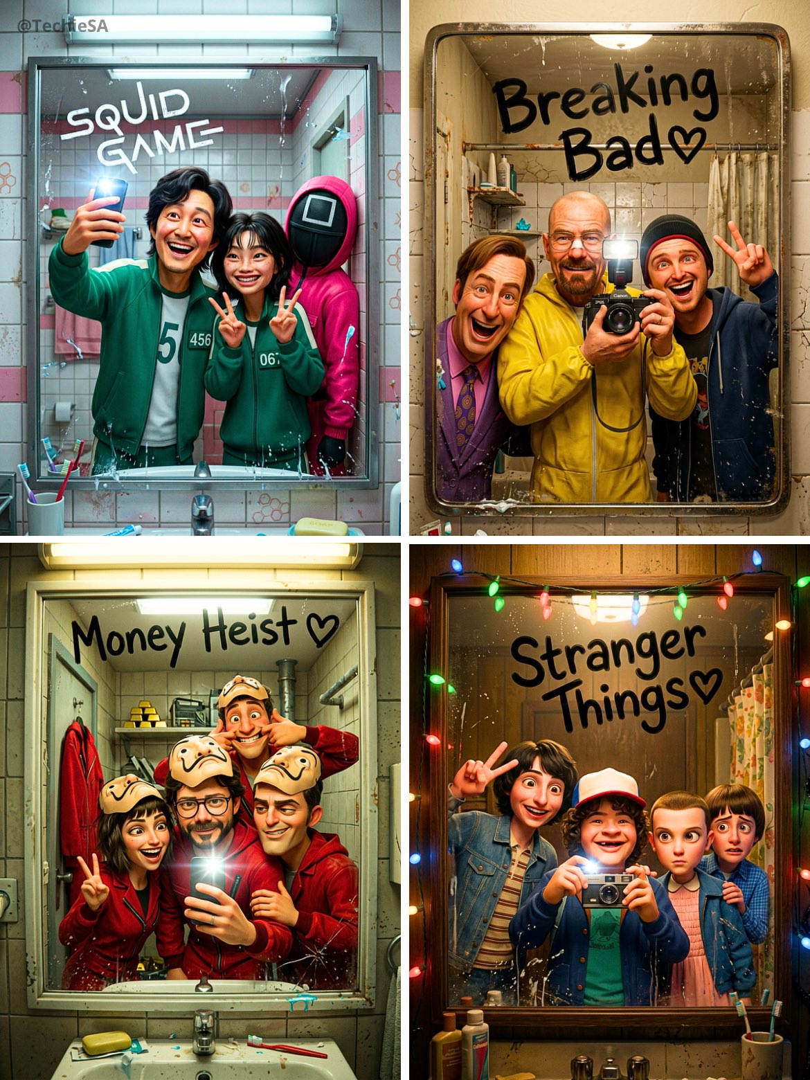 Pixar Tarzı Dizi Karakterleri Selfie Sahnesi Prompt Görseli