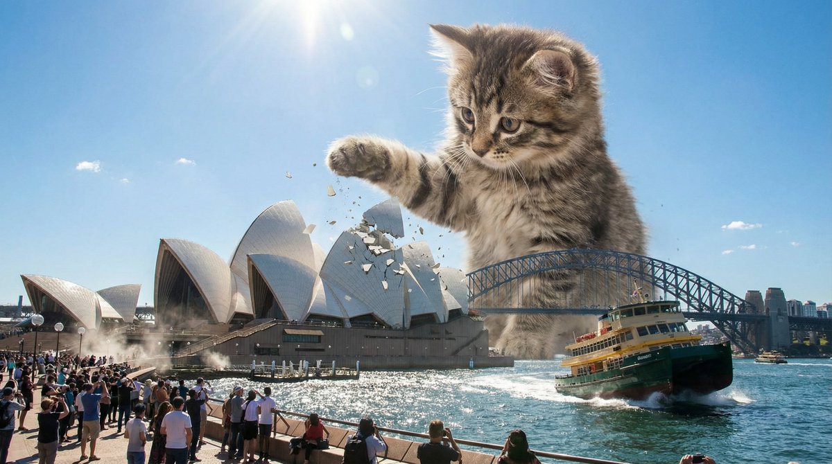 Dev Kaiju Yavru Kedi Sydney'yi Yıkıyor Prompt Görseli