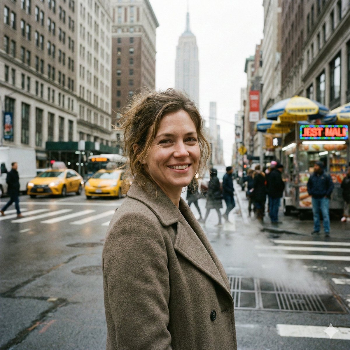 NYC Sokaklarında Gülümseyen Kadın Portresi Prompt Görseli