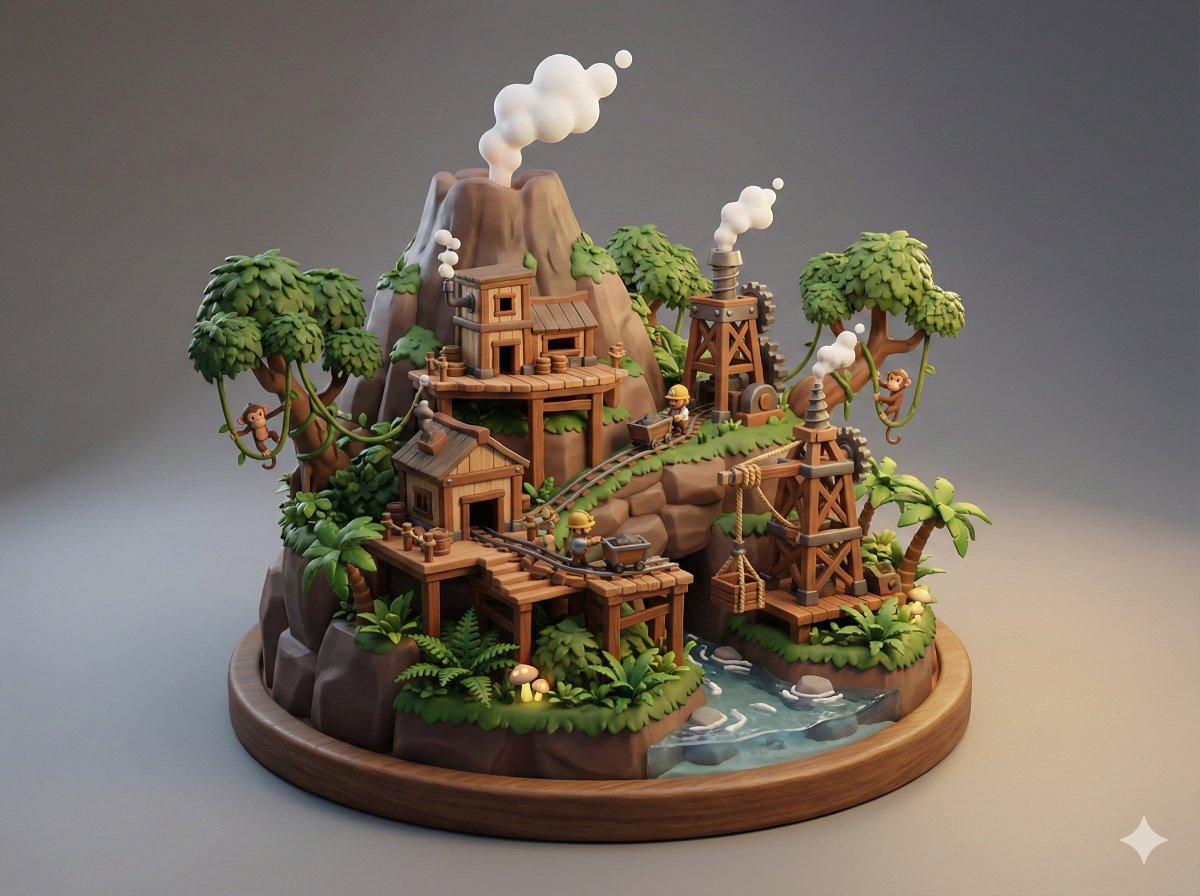 Tropik Madenci Yerleşimi Minyatür Diorama Prompt Görseli