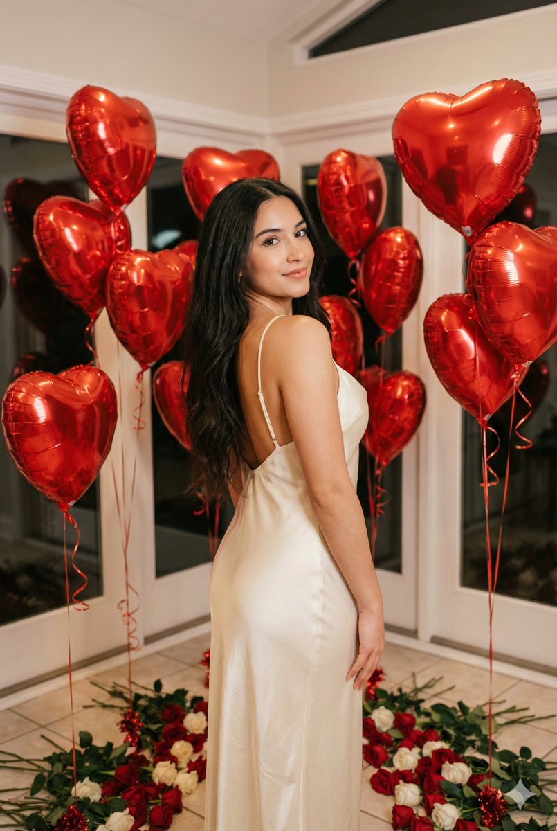 Romantik Kadın Portresi Kalpli Balonlarla Prompt Görseli