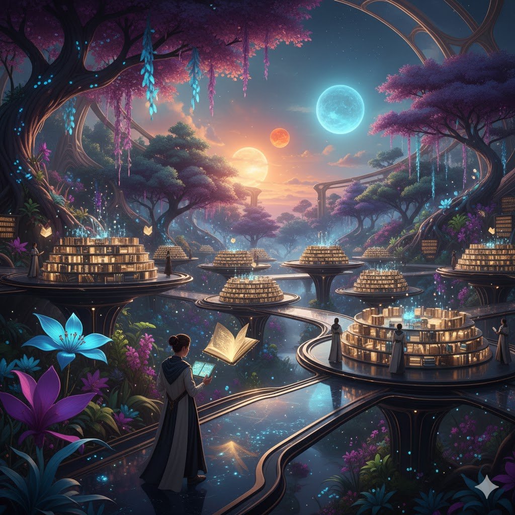 Uzaylı Gezegende Fütüristik Kütüphane ve Su Altı Şehirleri Prompt Görseli