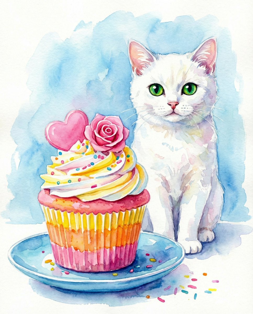 Yeşil Gözlü Beyaz Kedi ve Renkli Cupcake Prompt Görseli