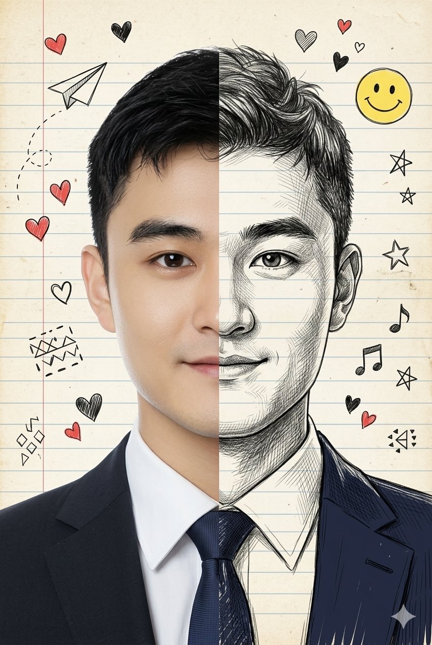 Fotoğraf ve El Çizimi Birleşik Dikey Portre Prompt Görseli