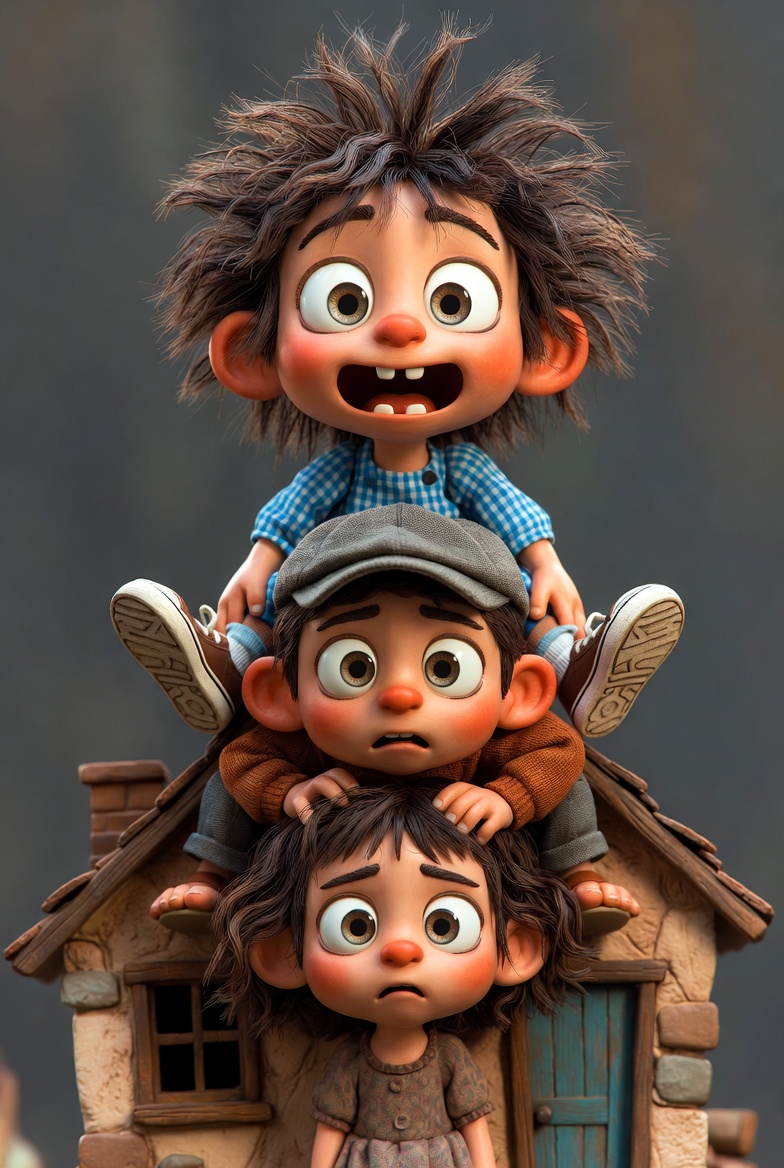 Üç Çocuklu 3D Karikatür Heykeli Tasarımı - Gemini Yapay Zeka Görseli
