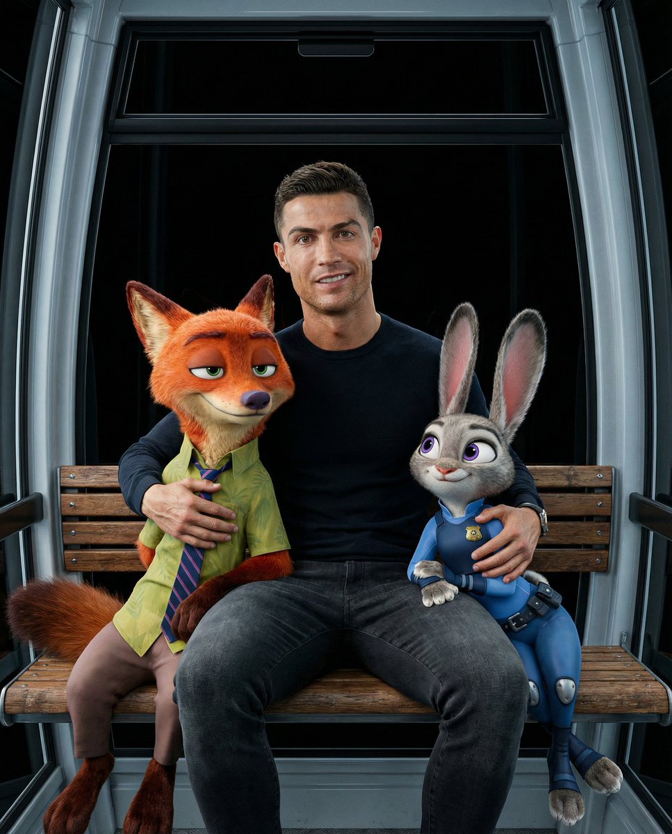Cristiano Ronaldo ve Zootopia Karakterleri Teleferikte - Gemini Yapay Zeka Görseli
