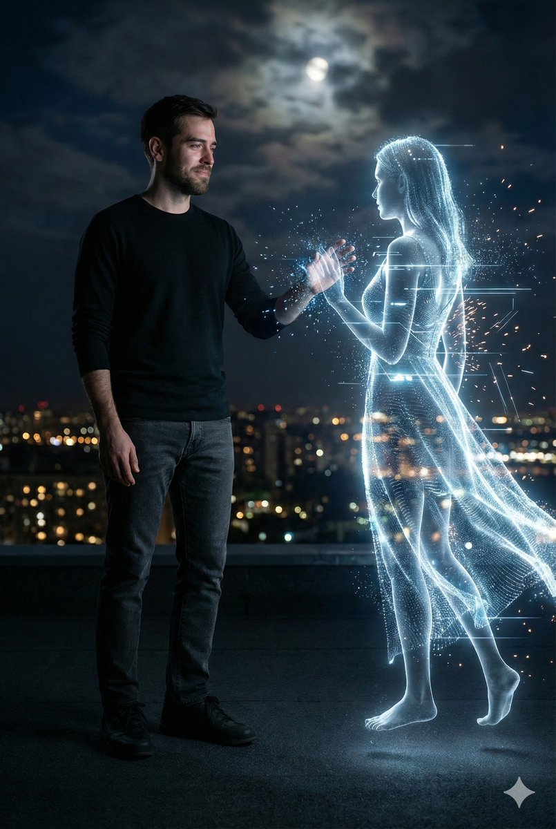 Gece Çatısında Hologram Kadına Ulaşan Adam Prompt Görseli