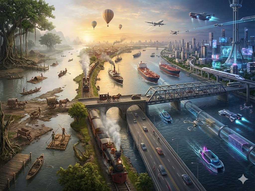 Ulaşımın Evrimi Panoramik İllüstrasyonu - Midjourney Yapay Zeka Görseli