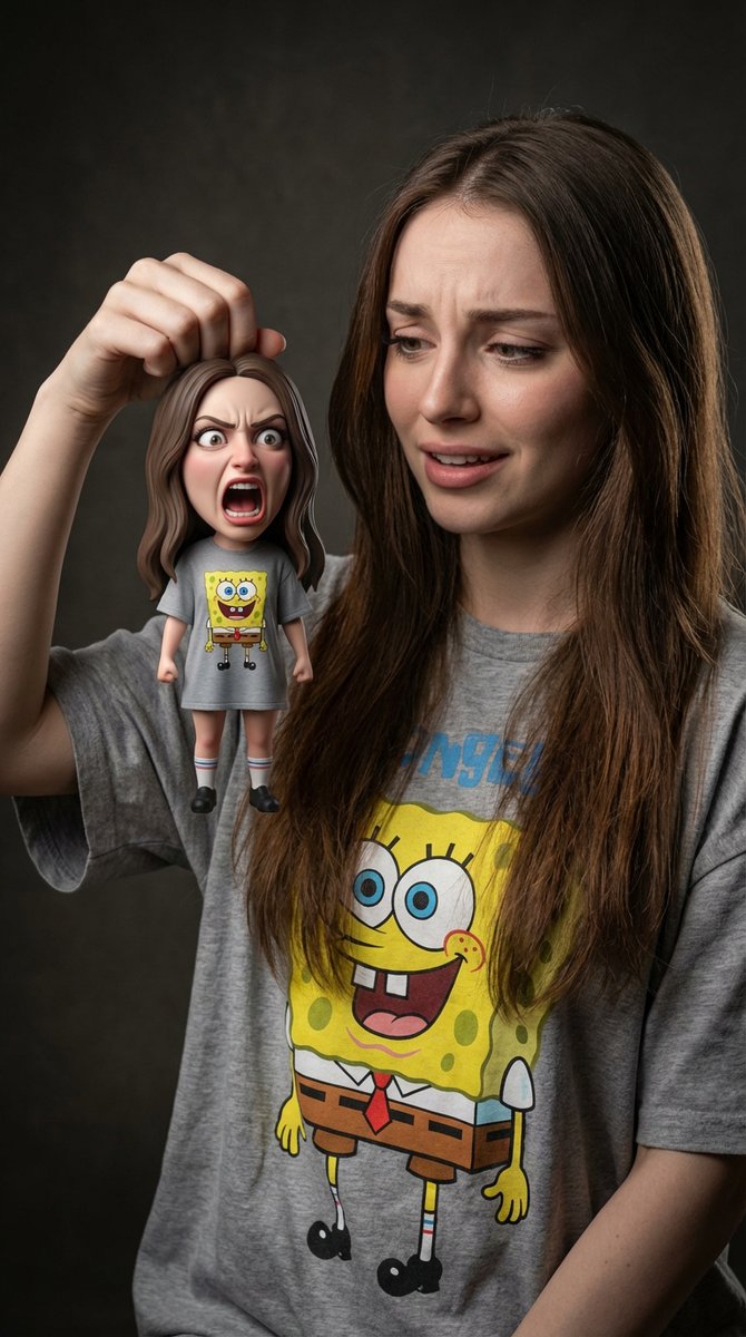 Kadın Mini Karikatür Versiyonunu Tutuyor - Gemini Yapay Zeka Görseli