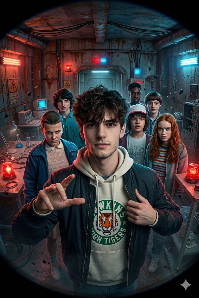 Stranger Things Ekibi Bunker'da Selfie - Gemini Yapay Zeka Görseli
