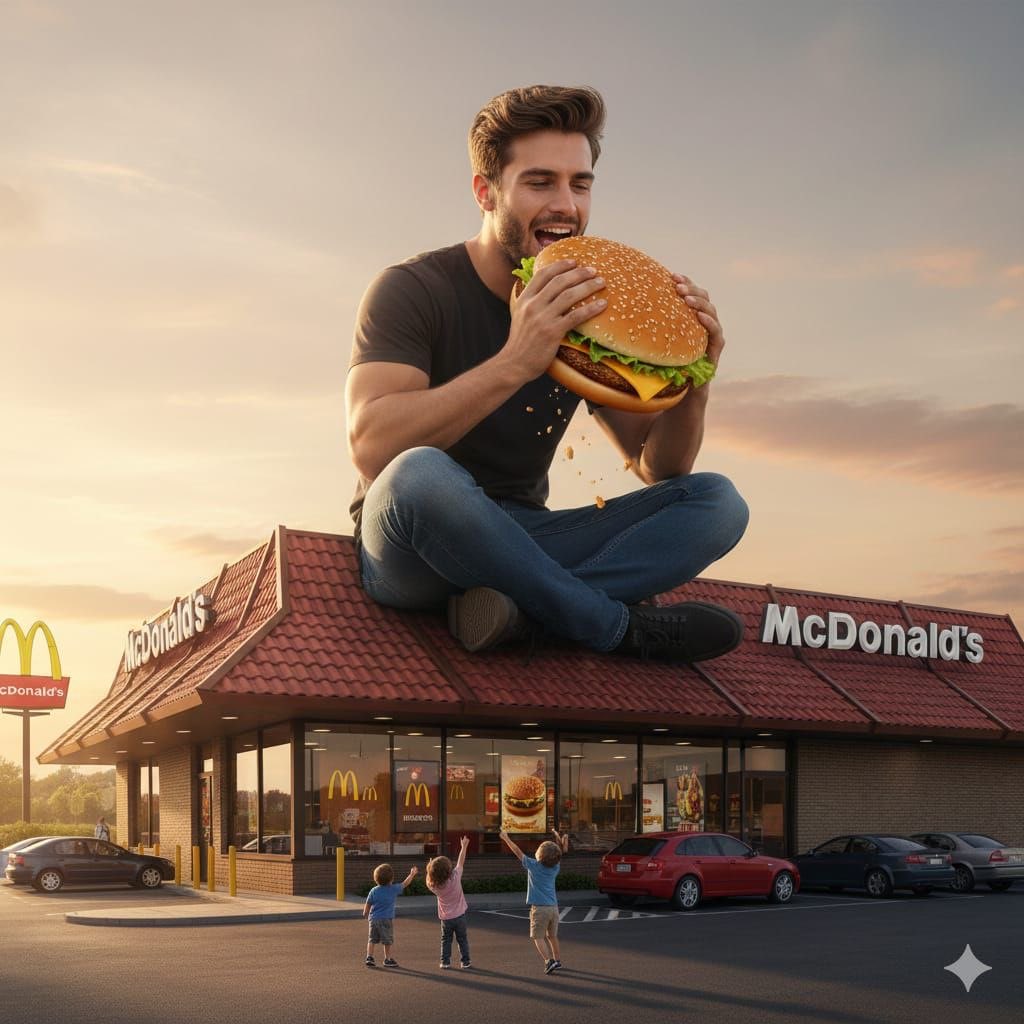 Çatıdaki Dev Adam ve Dev Burger Prompt Görseli