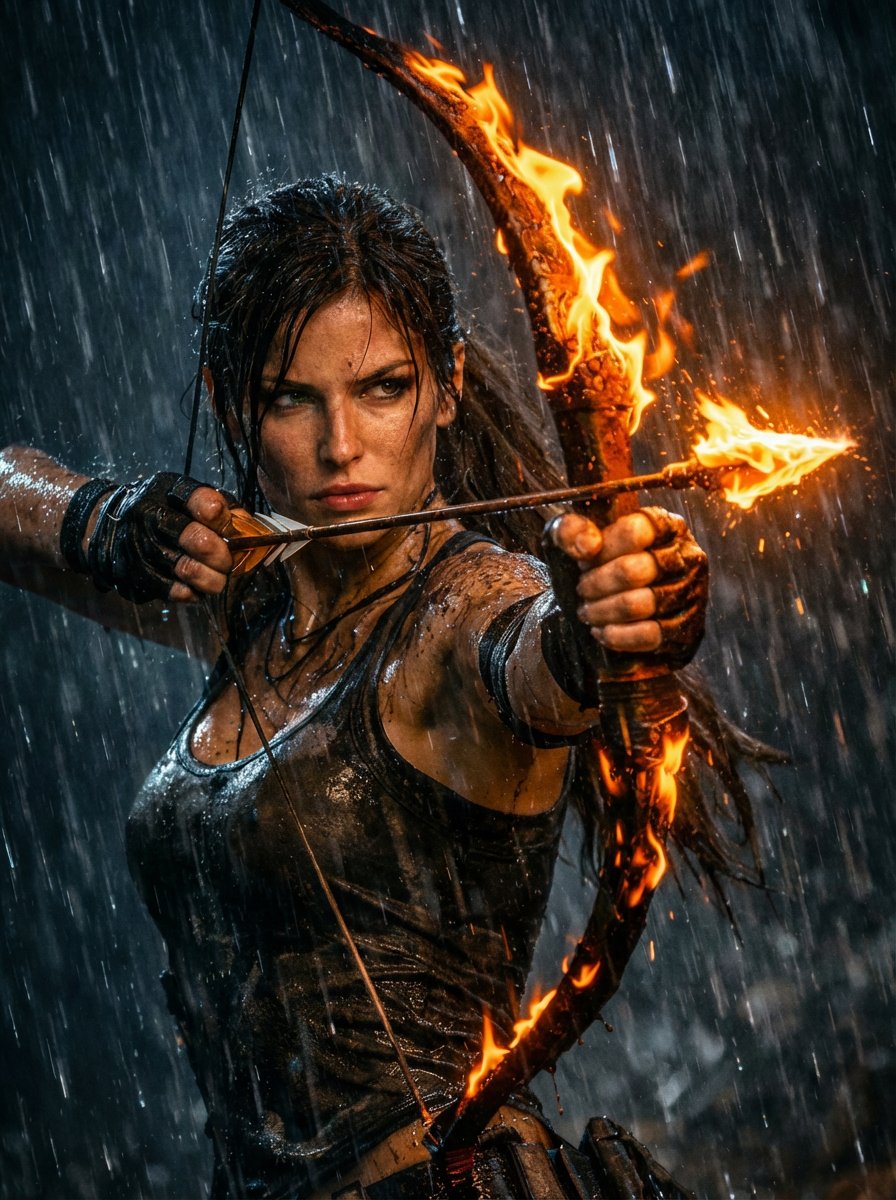 Lara Croft'un Yağmurlu Anı - Gemini Yapay Zeka Görseli