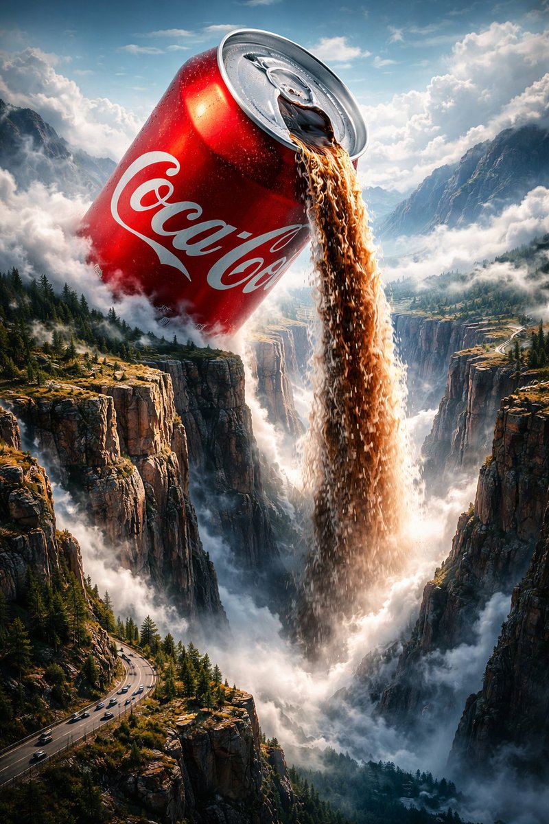 Dev Coca-Cola Kutusu Şelalesi - Midjourney Yapay Zeka Görseli