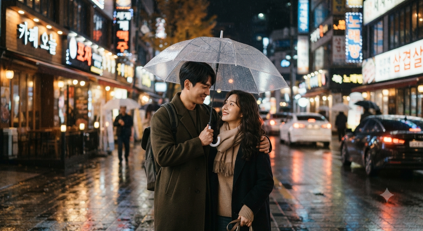 Sonbahar Yağmurunda K-Drama Sahnesi - Gemini Yapay Zeka Görseli
