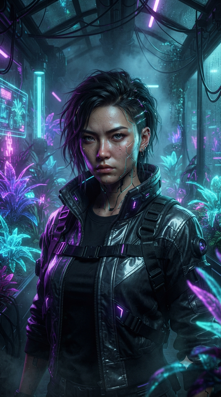 Cyberpunk Neon Greenhouse Portrait Prompt - Gemini Yapay Zeka Görseli